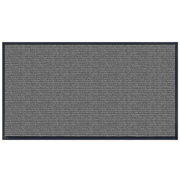 A grey rectangular rug with black border.