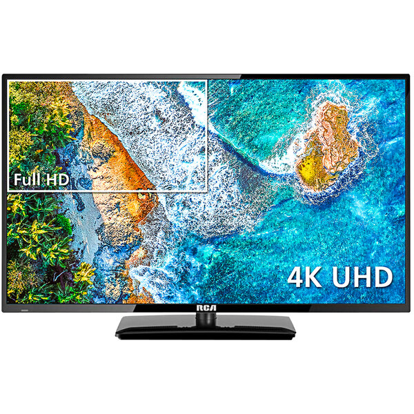 An RCA PT Series 43" 4K Pro:Idiom Hospitality HD Television screen displaying a beach scene.