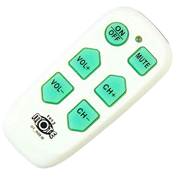 A white RCA universal remote control with green buttons.