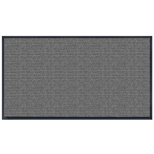 A grey rectangular rug with black trim.