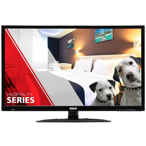 An RCA LV Series 32" LED Pro:Idiom Hospitality HD Television screen with two dogs on it.