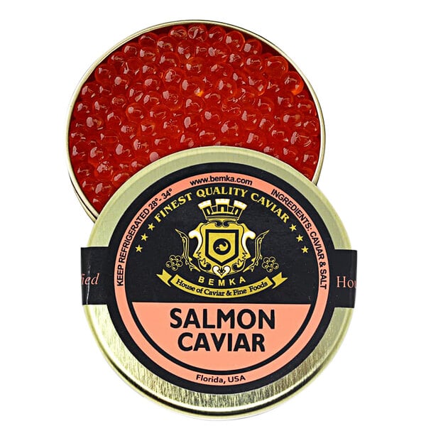 A tin of Bemka salmon caviar on a table with a label.