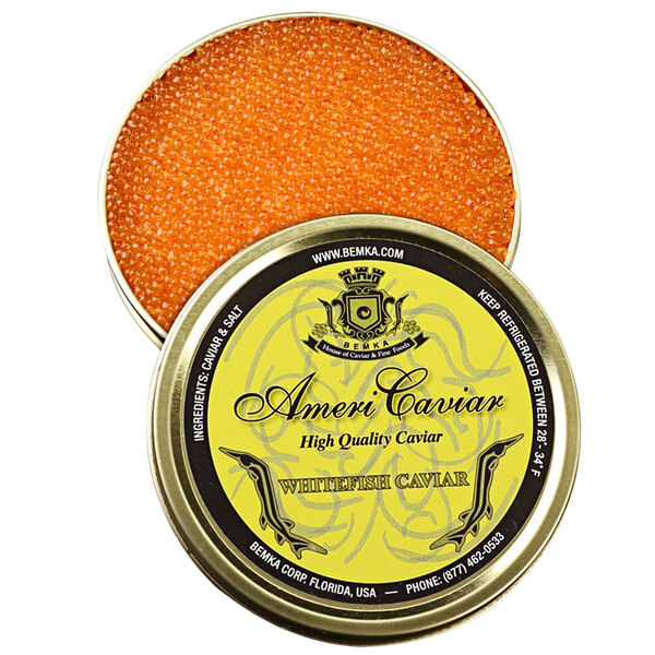 A tin of Bemka Golden Whitefish Caviar with a yellow lid and label.
