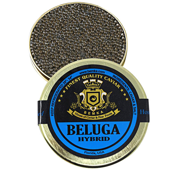 A round metal container of Bemka Beluga Hybrid Sturgeon Caviar with a blue label and black text.