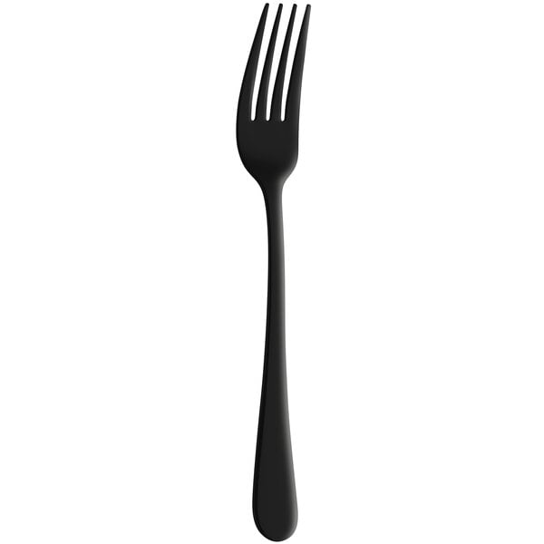 An Amefa Austin black stainless steel table fork with a white background.