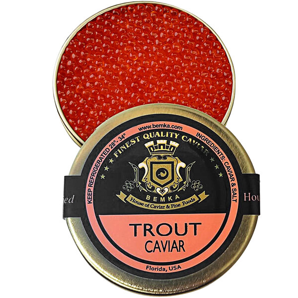 A round metal tin of Bemka Rainbow Trout Caviar with a red label.