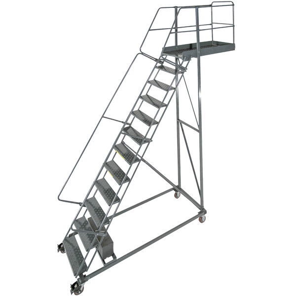 A Ballymore heavy-duty steel rolling cantilever ladder with metal bars.