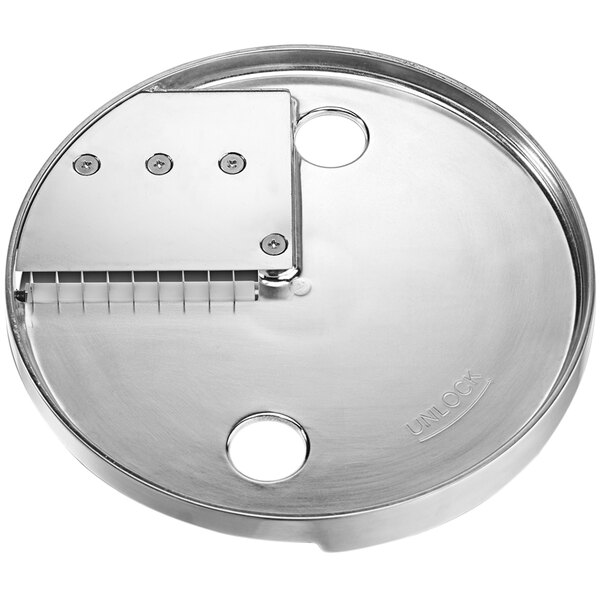 A stainless steel circular Waring Julienne disc with holes.
