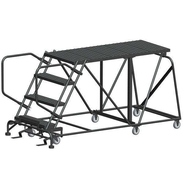 A black metal Ballymore work platform with steps and wheels.