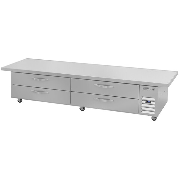 A Beverage-Air stainless steel chef base with drawers.