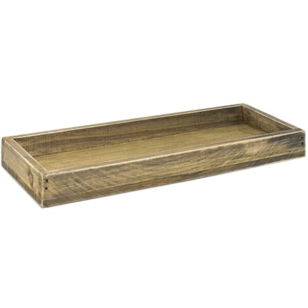 A natural rustic wood rectangular serving tray with handles.