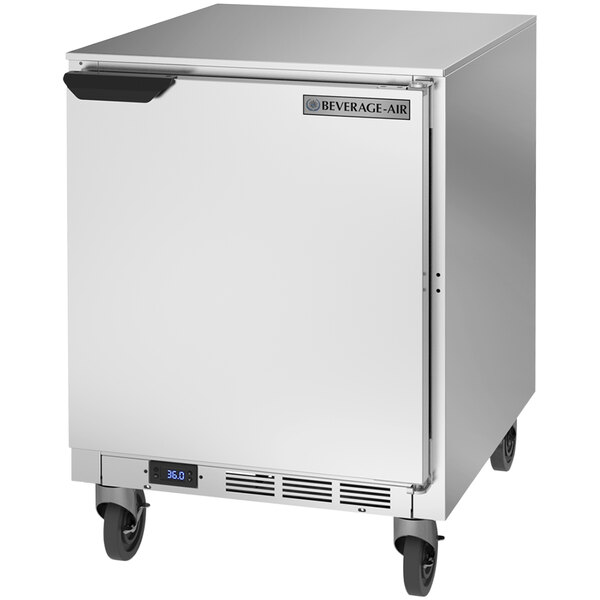 A stainless steel Beverage-Air undercounter refrigerator with a door open.