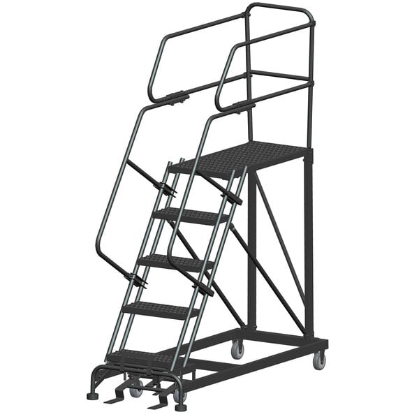 A black metal Ballymore work platform ladder with wheels and handrails.