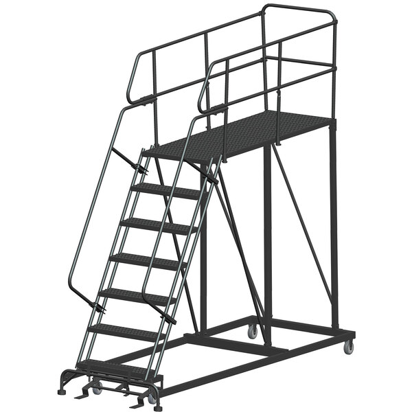 A black steel Ballymore mobile work platform ladder with metal railings and wheels.