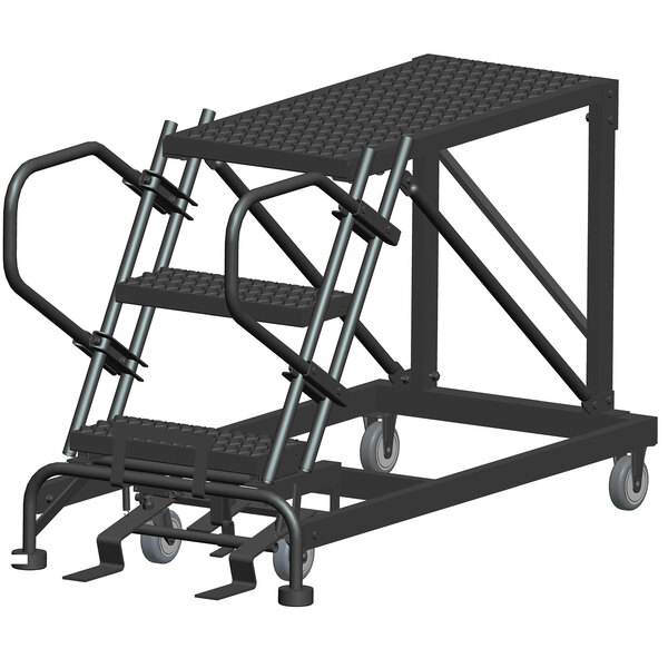 A black metal Ballymore mobile work platform ladder with three steps on wheels.