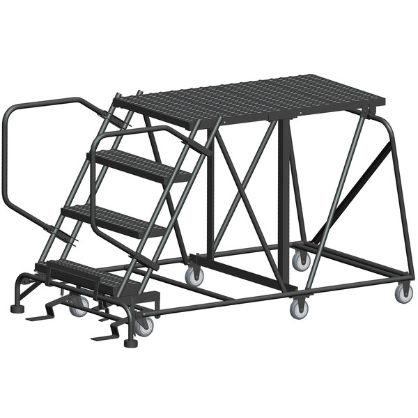 A black metal ladder with wheels on it.