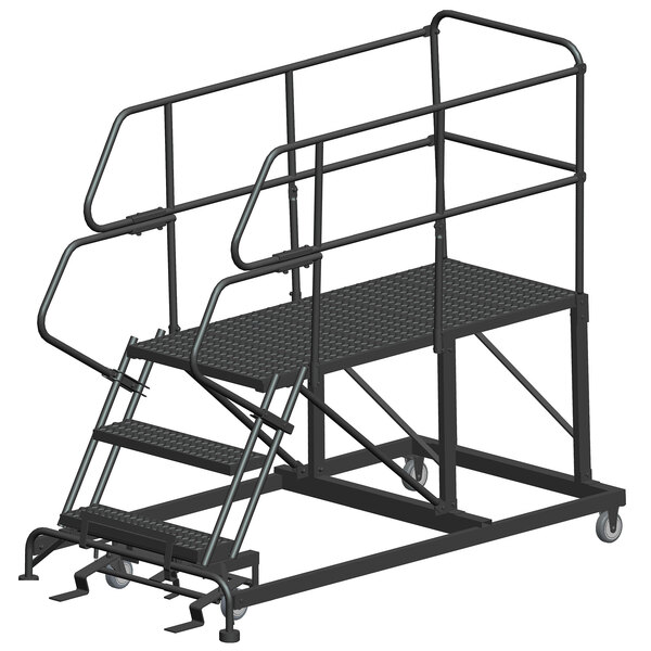 A black metal Ballymore work platform with wheels and handrails.