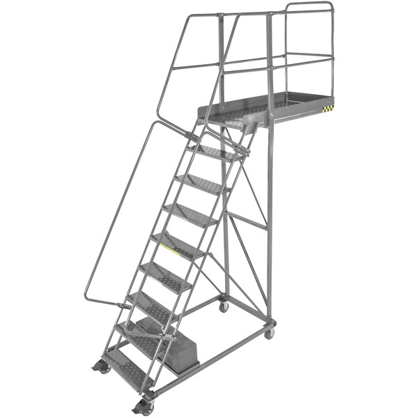 A Ballymore steel cantilever ladder with a platform and handrail.