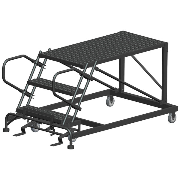 A black metal Ballymore mobile work platform with metal steps and wheels.