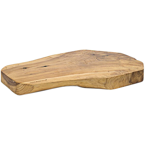 A Front of the House ROOT natural wood serving board with a curved edge.