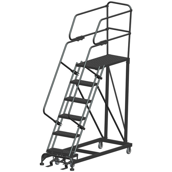 A black metal Ballymore mobile work platform ladder with metal bars on the sides and wheels.