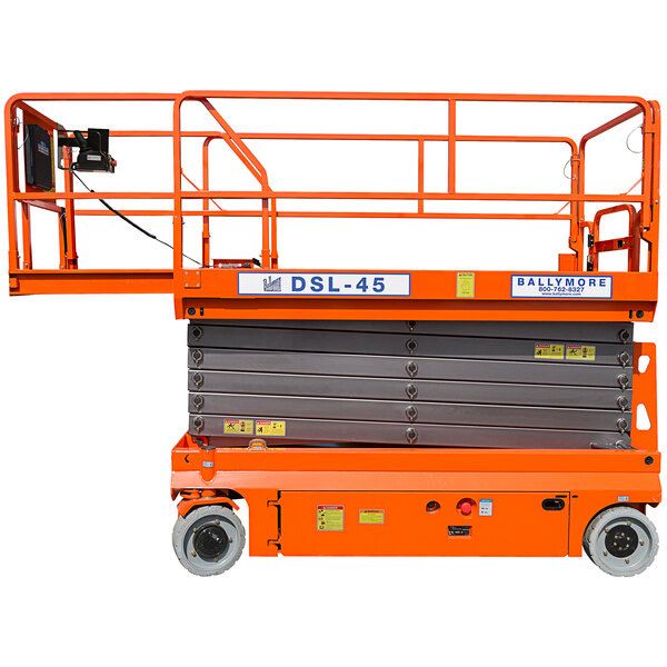A Ballymore orange and metal scissor lift with a platform on top.