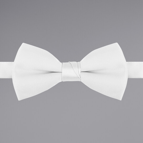 A close-up of a white Henry Segal bow tie with an adjustable band.