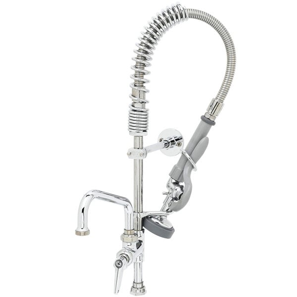 A chrome T&S pre-rinse faucet with a hose attached to it.