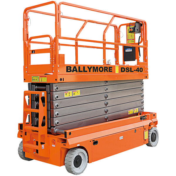 A large orange Ballymore scissor lift platform.