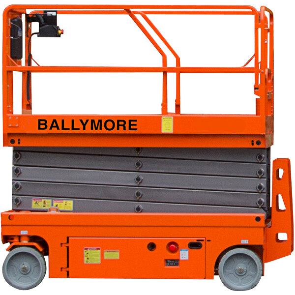 A Ballymore battery-powered orange scissor lift with a cantilevered platform.