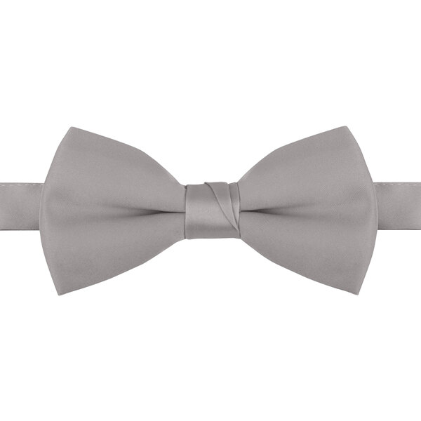 A close-up of a Henry Segal light gray poly-satin bow tie with an adjustable band.