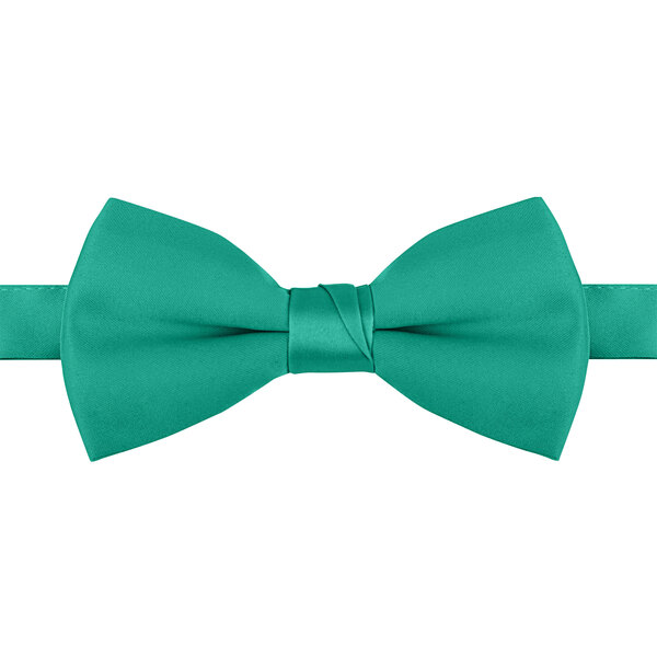 A close-up of a teal poly-satin bow tie with an adjustable band.