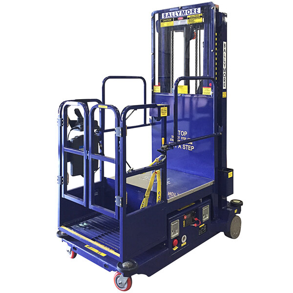 A blue Ballymore battery-powered lift truck with a blue handle.