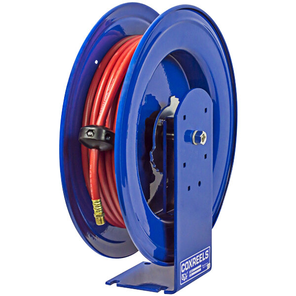 A close-up of a blue Coxreels hose reel with red hose attached.