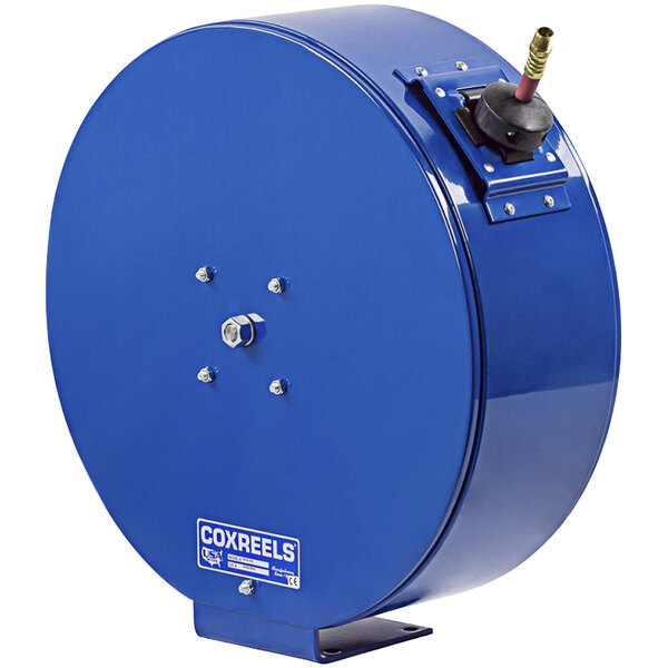 A blue Coxreels hose reel with a hose attached.