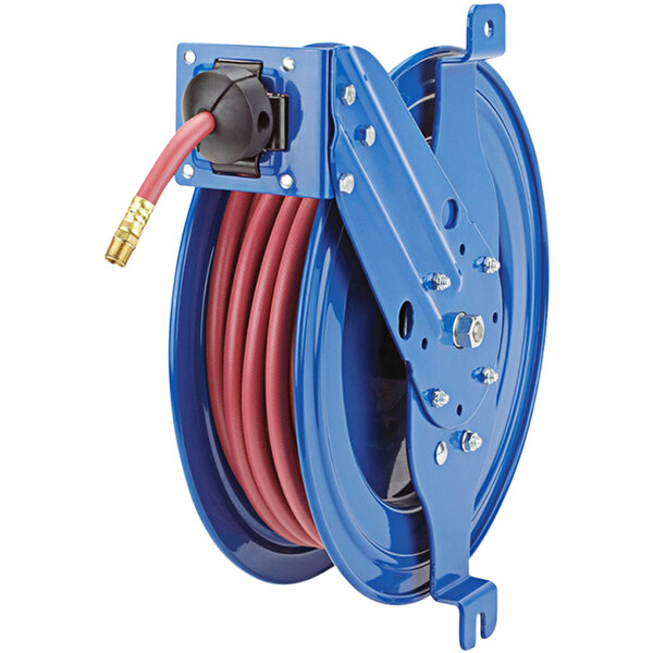 A blue Coxreels metal hose reel with a low pressure red hose attached.