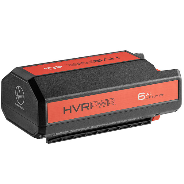 A black and red rectangular Hoover HVRPWR 40V 6AH battery pack with black text.