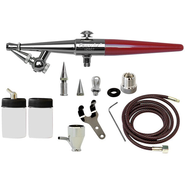 A red and black Paasche airbrush kit with hoses, nozzles, and plastic bottles.