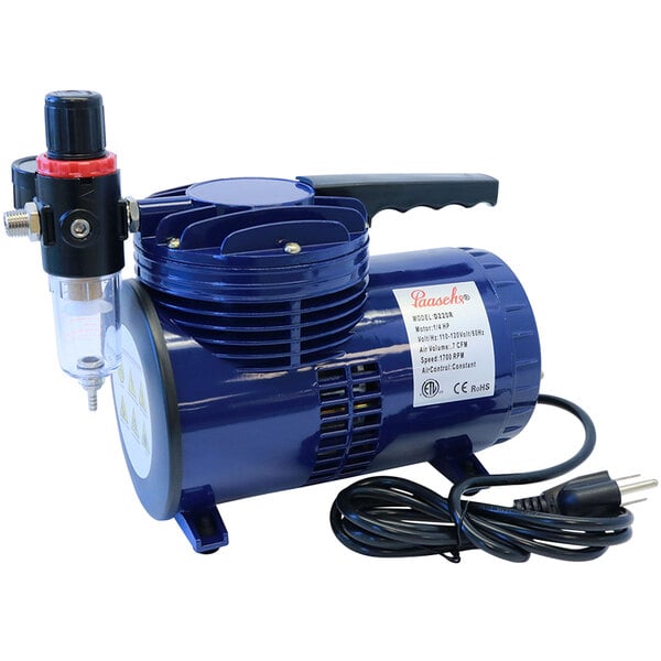 A blue Paasche airbrush compressor with a black power cord.