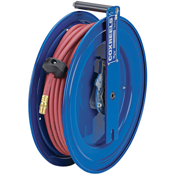 A blue Coxreels hose reel with a high pressure hose on it.