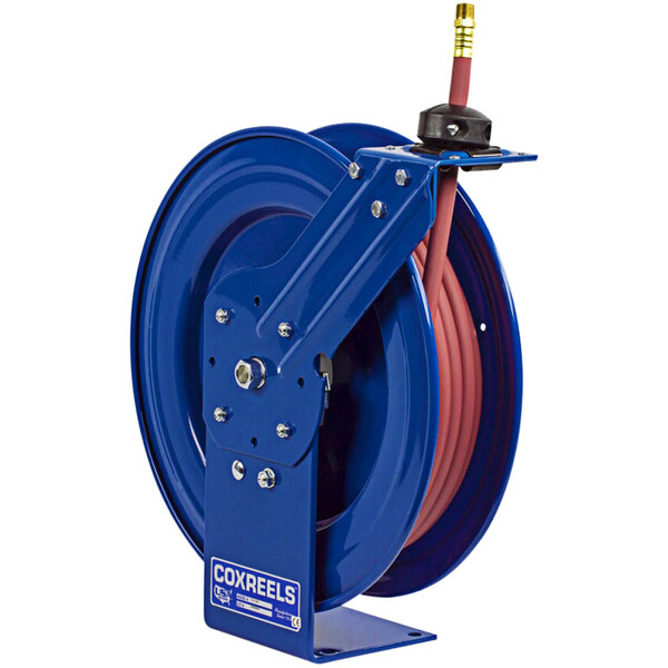 A blue metal Coxreels hose reel with a low pressure red hose attached.