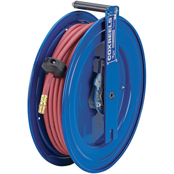 A blue Coxreels hose reel with a medium pressure hose on it.