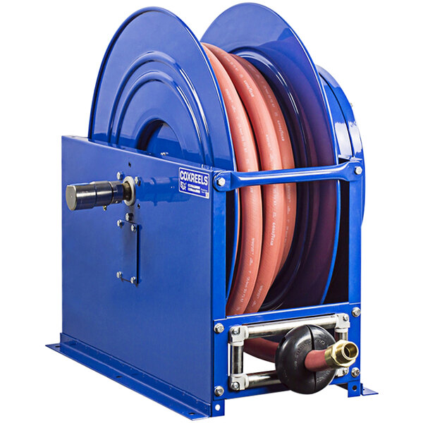 A blue Coxreels hose reel with a medium pressure hose attached.