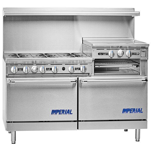A large stainless steel Imperial 6-burner gas range with a griddle, broiler, and 2 ovens.
