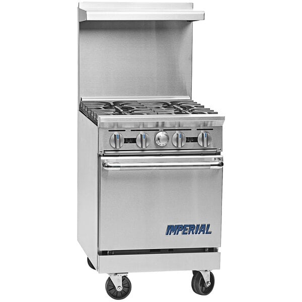 An Imperial stainless steel commercial gas range with 4 burners and an oven.