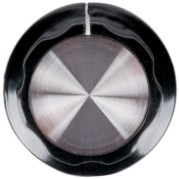 A black and silver Main Street Equipment control knob with a metal center.
