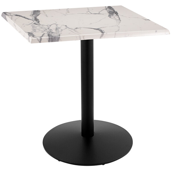 A white marble Holland Bar Stool outdoor counter height table with a black base.