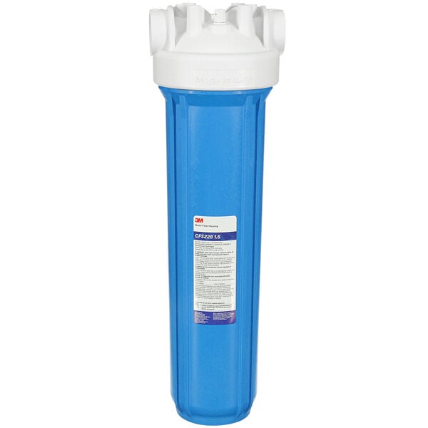 A blue 3M water filter with a white lid.