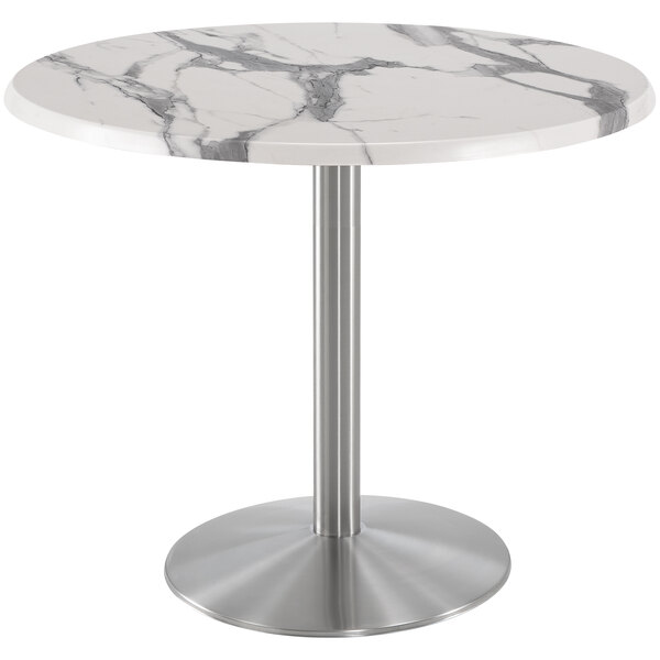 A white marble round Holland Bar Table with a stainless steel base.