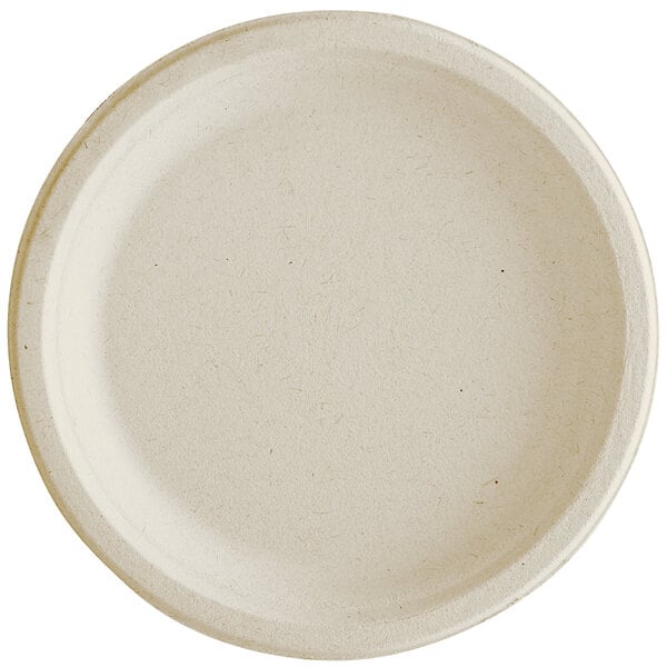 A white Tellus Products bagasse plate with a plain round shape.